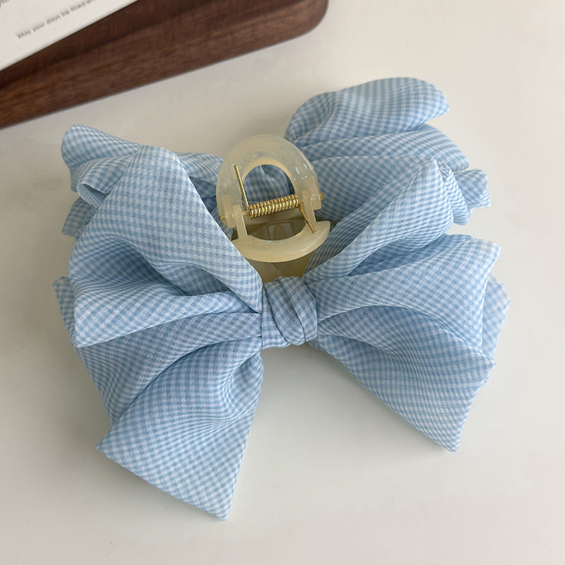 E廠-韓系夏季薄紗藍色細格紋水晶吊墜蝴蝶結抓夾馬尾夾少女百搭鯊魚夾「27108」25.06-4