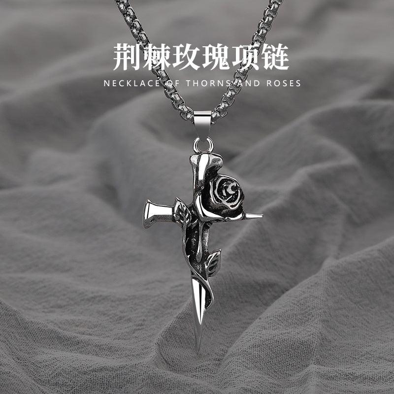 G廠-復古荊棘玫瑰項鍊飾品男潮冷淡風十字架吊墜時尚雙面玫瑰鎖骨鏈「X435」24.11-1