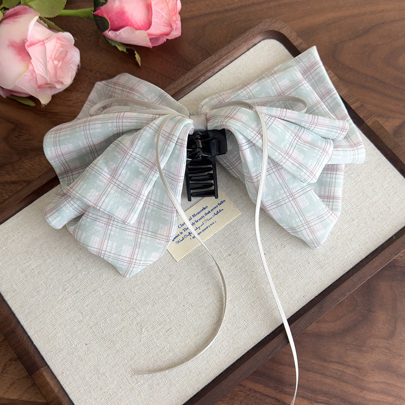 E廠-2025新款甜美格子蝴蝶結絲巾馬尾夾後腦勺夾子頭飾高級感髮飾抓夾「27132」25.06-4