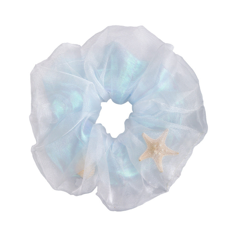 E廠-夏日海洋溫柔網紗雙層海星貝殼大腸髮圈大號丸子頭髮飾扎頭髮皮筋「27042」25.06-1