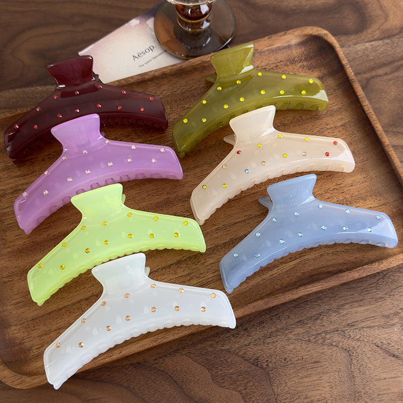 E廠-韓版髮飾頭飾氣質甜美清透感鑲鑽壓克力抓夾髮抓春夏彩色樹脂抓夾「27015」25.05-5