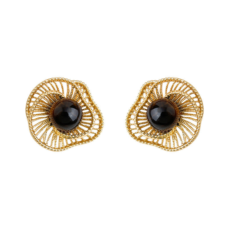 A廠-美拉德風文藝復古虎眼石天然石秋冬爆款新款幾何鏤空花朵耳飾耳環「6976」25.10-5