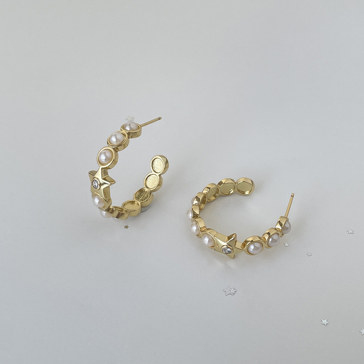 C廠-小香風珍珠耳圈女輕奢ins甜美百搭星星鋯石銀針耳環高級感新耳飾「EH-4113」25.10-5