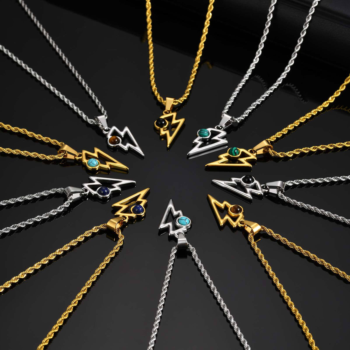 G廠-跨境飾品批發 不鏽鋼鑲天然石閃電吊墜方形珍珠鏈項鍊男款「PN-2202」25.08-2