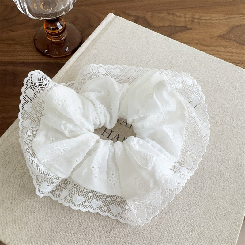 E廠-白色刺繡蕾絲花紋大腸髮圈髮箍扎頭繩蝴蝶結丸子頭氛圍感髮繩頭飾「27075」25.06-2