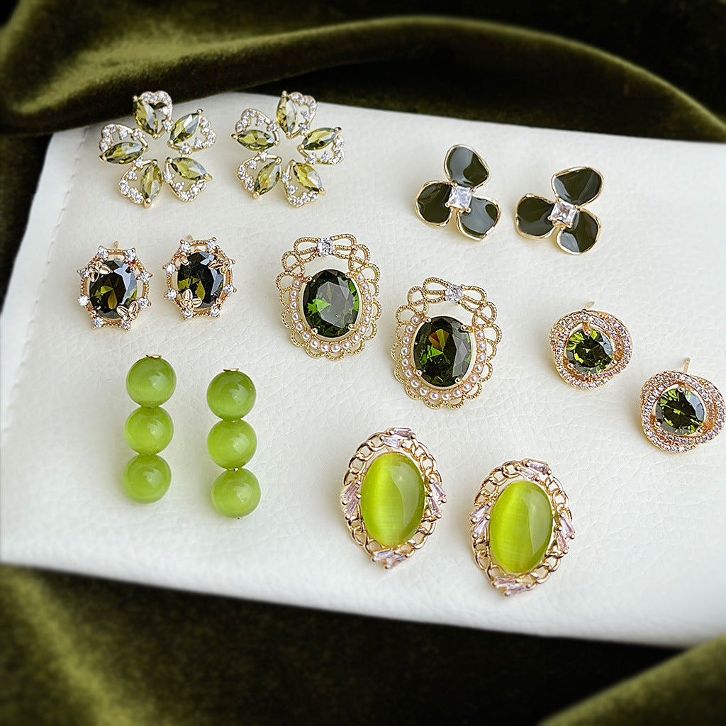 A廠-森系甜美微鑲鋯石橄欖綠耳釘合集 幾何花朵耳飾氣質爆款耳環「ES0603G」25.06-3