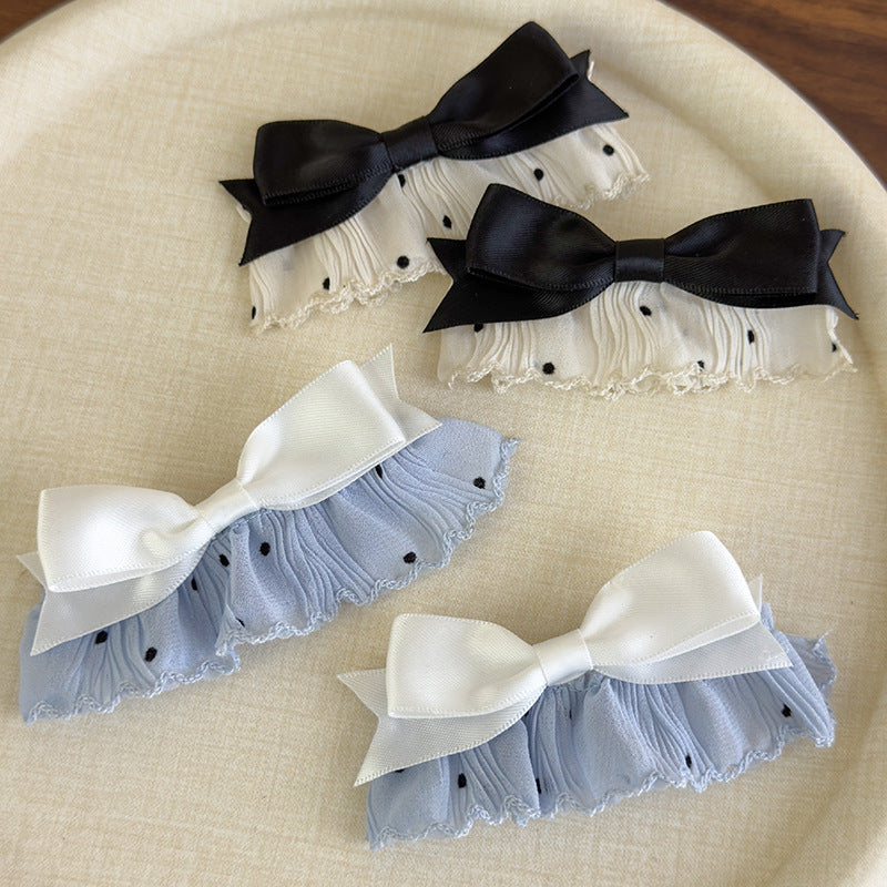 E廠-韓系溫柔布藝點點蕾絲花邊蝴蝶結髮夾側邊夾瀏海夾子甜美ins頭飾「27014」25.05-5