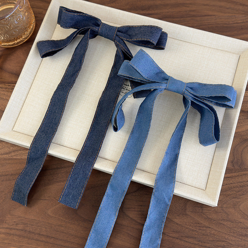 E廠-韓國立體牛仔藍蝴蝶結飄帶髮夾2025新款小眾設計感甜美髮飾夾子女「26815」 25.04-3