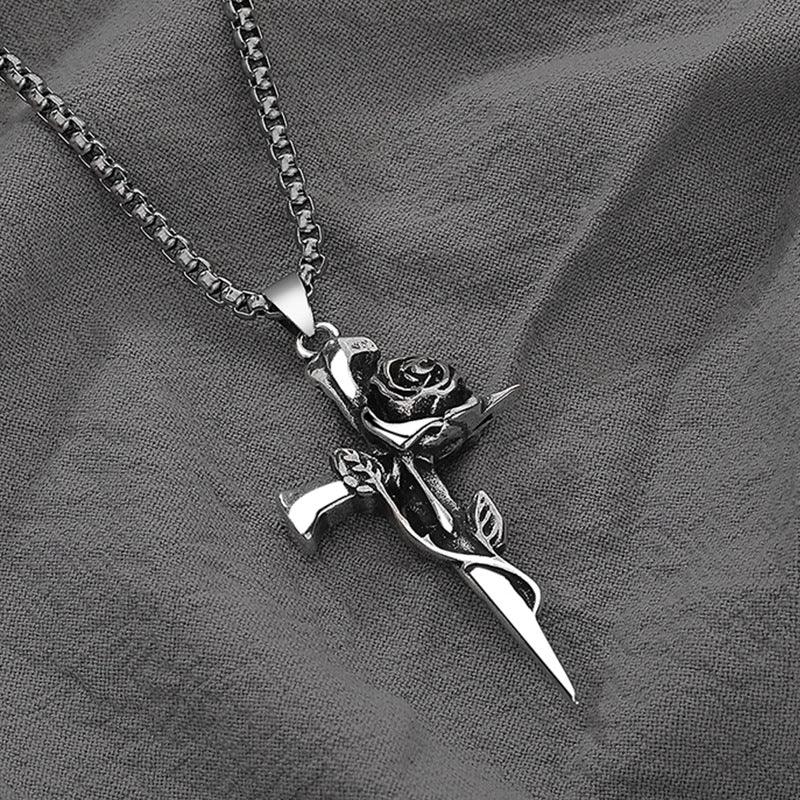 G廠-復古荊棘玫瑰項鍊飾品男潮冷淡風十字架吊墜時尚雙面玫瑰鎖骨鏈「X435」24.11-1