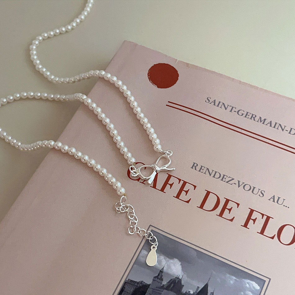 F廠-韓國韓版925純銀蝴蝶結人造水晶珍珠項鍊簡約ins小紅書項鍊「B1219」25.08-4