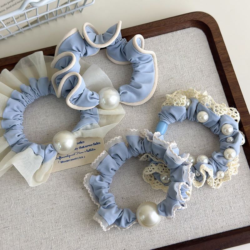 E廠-軟萌奶藍色蕾絲花邊珍珠髮圈甜美少女心大腸圈扎髮繩頭花皮筋頭飾「27115」25.06-4