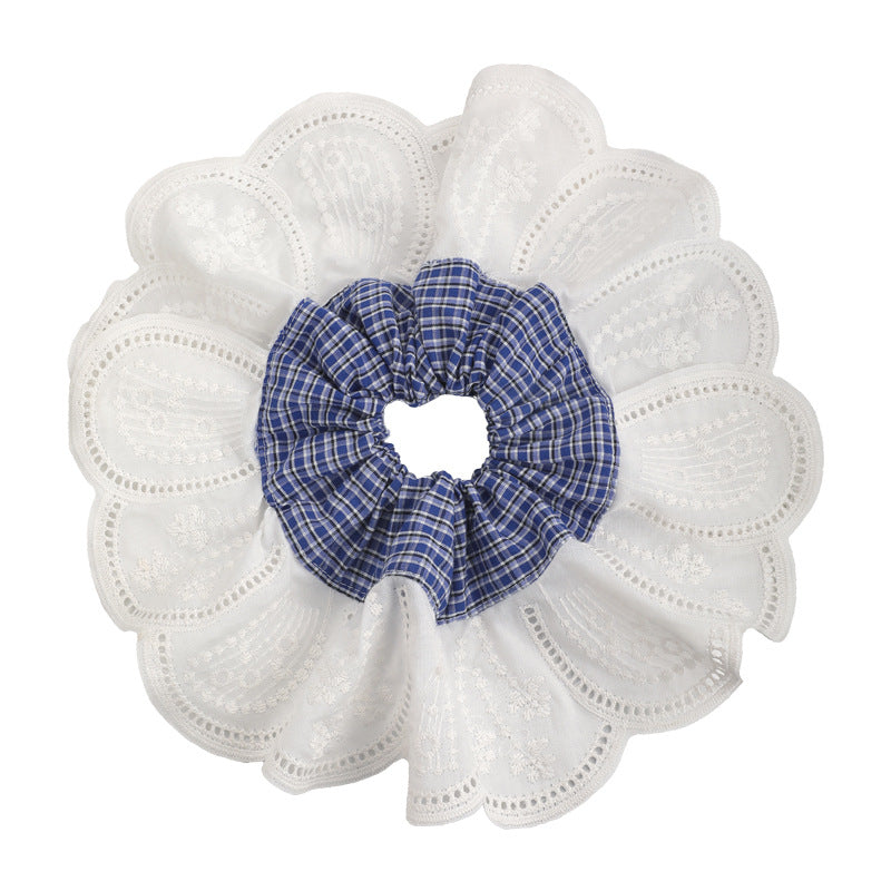 E廠-超大寬邊顯臉小拼接刺繡花朵肥腸圈韓國學院風藍白格紋鏤空髮繩女「27095」25.06-3