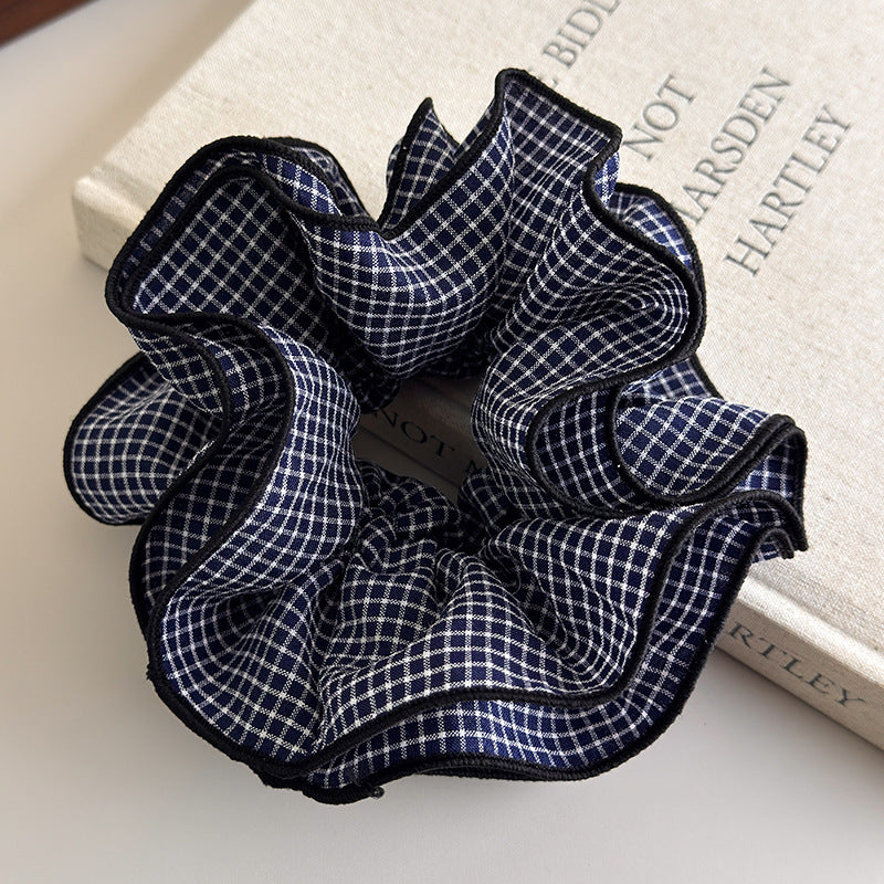 E廠-韓系學院風多層撞色格子大腸髮圈簡約四層邊褶皺髮繩低馬尾頭繩「27414」25.08-5