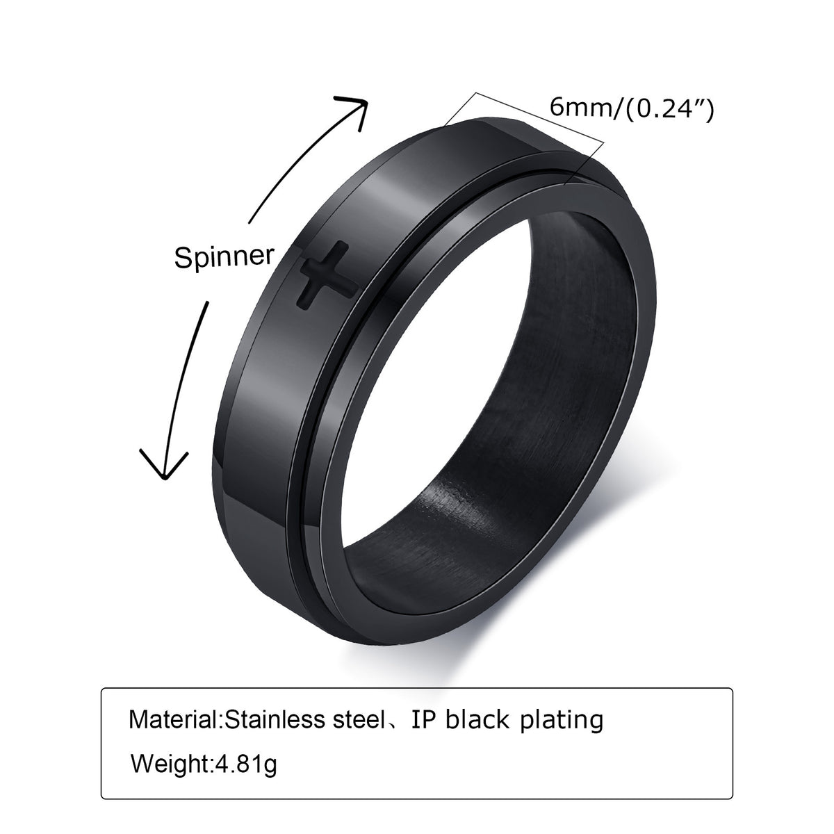 G廠-鏽鋼鐳射腐蝕十字可轉動旋轉戒指黑色男士 食指首飾批發「R-589」25.08-4