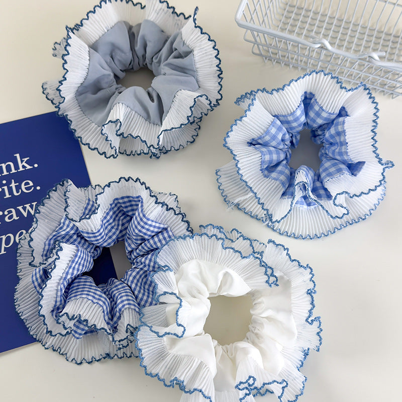 E廠-藍色系格子大腸髮圈雙層蕾絲花邊丸子頭馬尾髮繩甜美小清新髮飾「26437 26844」25.05-1