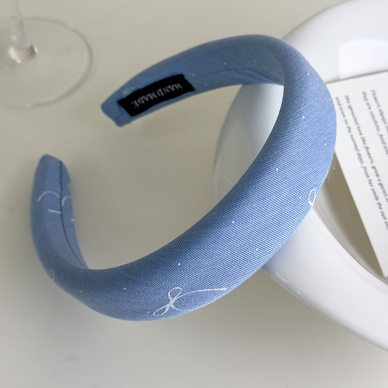 E廠-海鹽藍色系~法式蝴蝶結印花布藝寬邊髮箍清爽百搭高顱頂海綿頭箍「27043」25.06-1