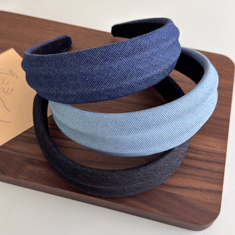 E廠-小清新風~韓系牛仔布藝簡約寬邊髮箍女款2025新款高顱頂頭箍髮飾「27250」25.07-4
