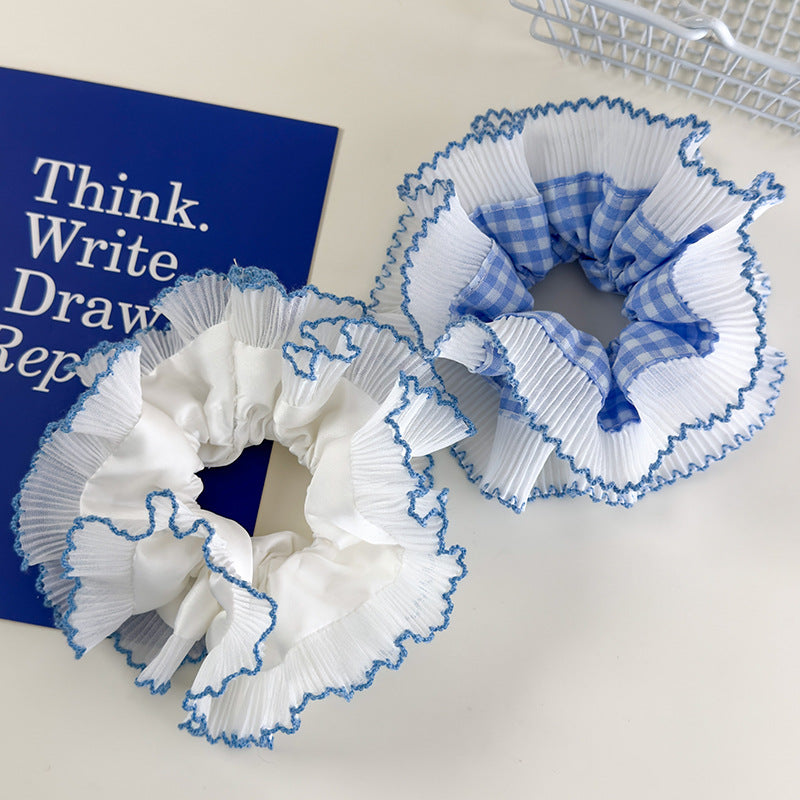 E廠-藍色系格子大腸髮圈雙層蕾絲花邊丸子頭馬尾髮繩甜美小清新髮飾「26437 26844」25.05-1