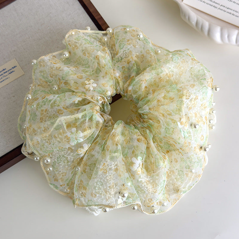 E廠-超仙蕾絲花朵珍珠大腸髮圈女高端大腸頭繩耐用皮筋精緻扎頭髮髮飾「27127」25.06-4