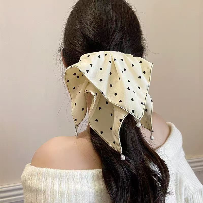 E廠-愛心波點吊珠抓夾女大號方巾馬尾夾優雅氣質後腦勺髮夾子半扎髮飾「27100」25.06-3