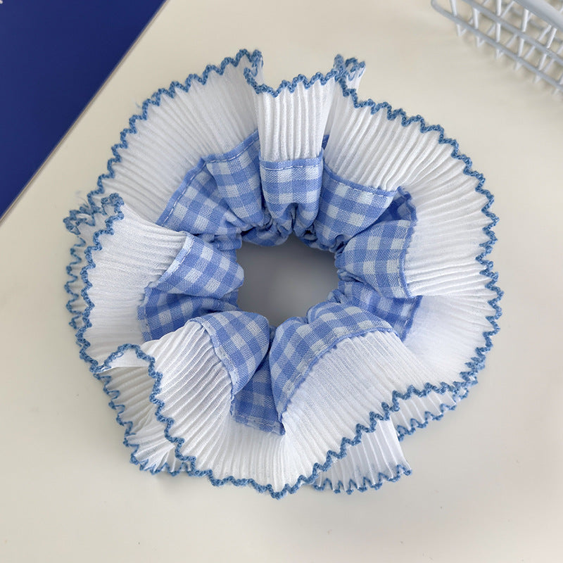 E廠-藍色系格子大腸髮圈雙層蕾絲花邊丸子頭馬尾髮繩甜美小清新髮飾「26437 26844」25.05-1