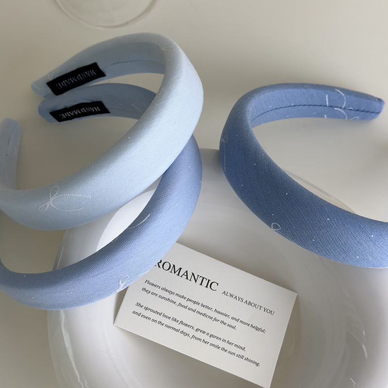 E廠-海鹽藍色系~法式蝴蝶結印花布藝寬邊髮箍清爽百搭高顱頂海綿頭箍「27043」25.06-1