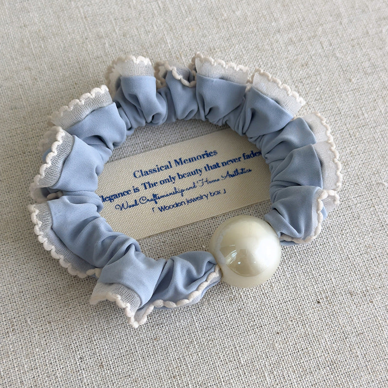 E廠-軟萌奶藍色蕾絲花邊珍珠髮圈甜美少女心大腸圈扎髮繩頭花皮筋頭飾「27115」25.06-4