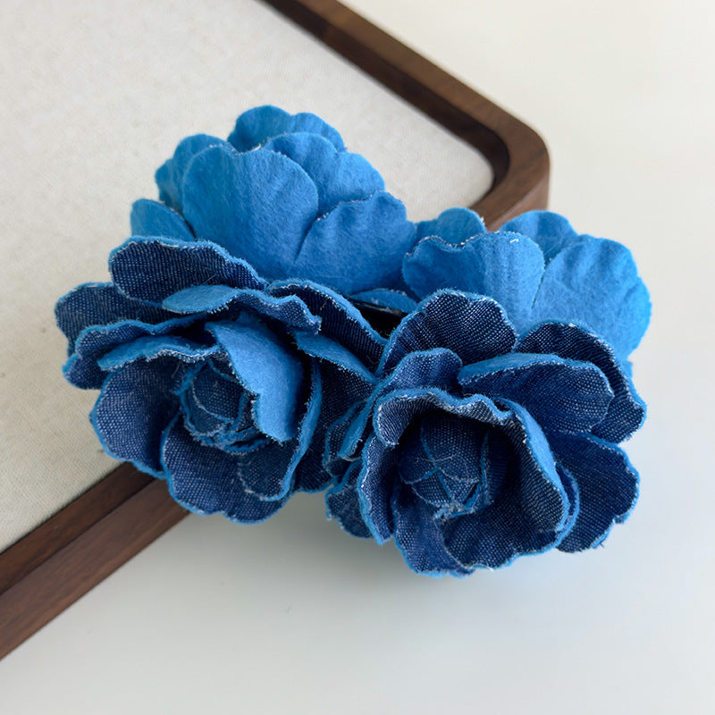 E廠-易夢玲同款復古牛仔山茶花香蕉夾高級感森系風竪夾高馬尾髮夾抓夾「27124」25.06-4