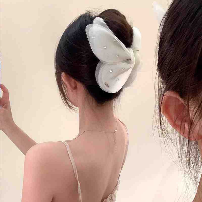 E廠-溫柔薄紗蝴蝶抓夾夢幻法式閃鑽網紗髮夾髮抓大號後腦勺盤髮鯊魚夾「26982」25.05-4