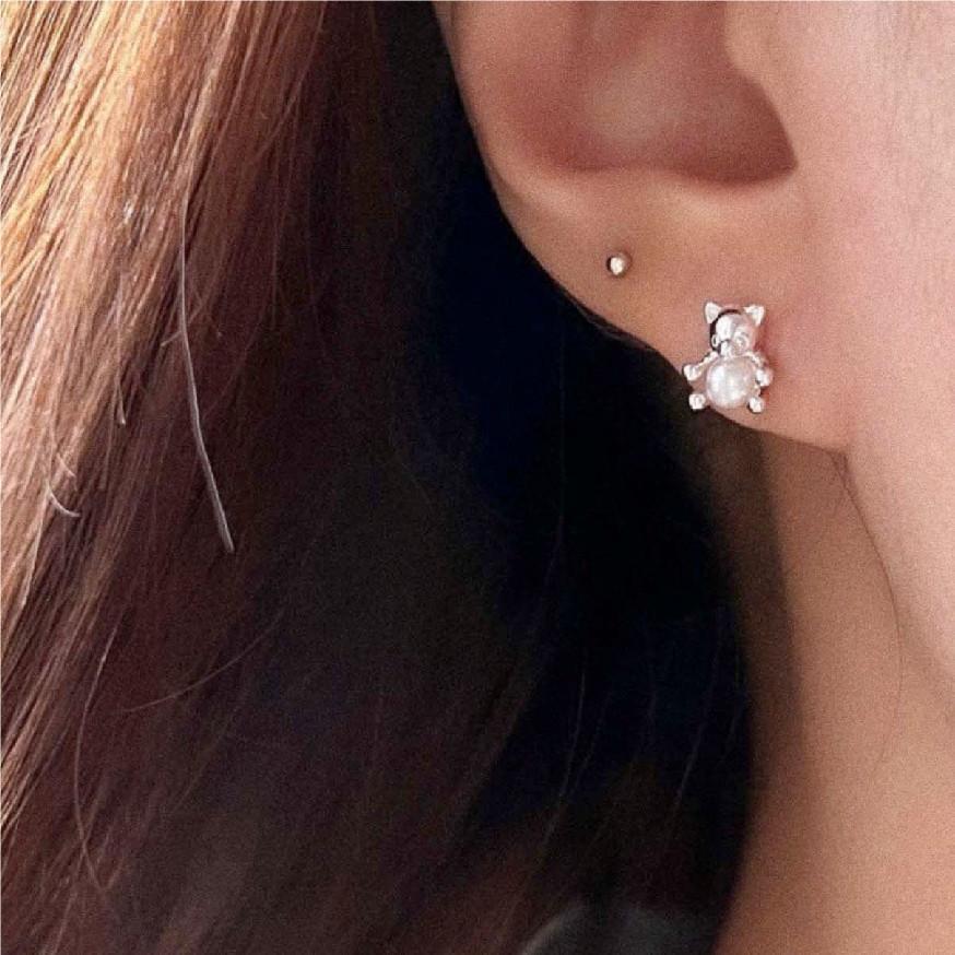 F廠-韓國韓版925純銀耳釘耳扣女小熊珍珠ins風小紅書耳環耳飾「C845」25.06-3