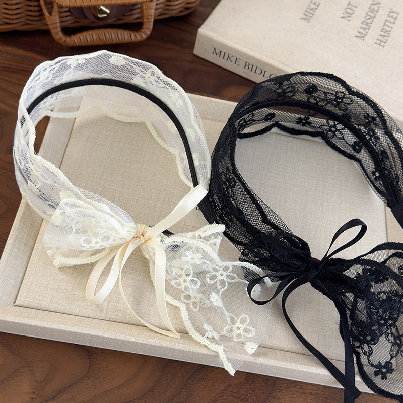 E廠-法式網紗蝴蝶結蕾絲寬邊髮帶髮箍女田園風夏季飄帶頭飾高級感髮飾「26924」25.05-2