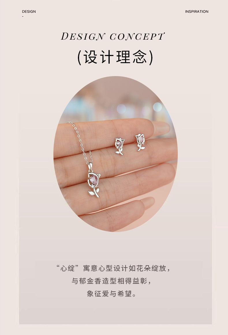 D廠-原創S999足銀心綻鬱金香套裝甜美風獨特溫柔氣質鎖骨鏈批發「YC7035E_1 YC1957N_1」25.04-2