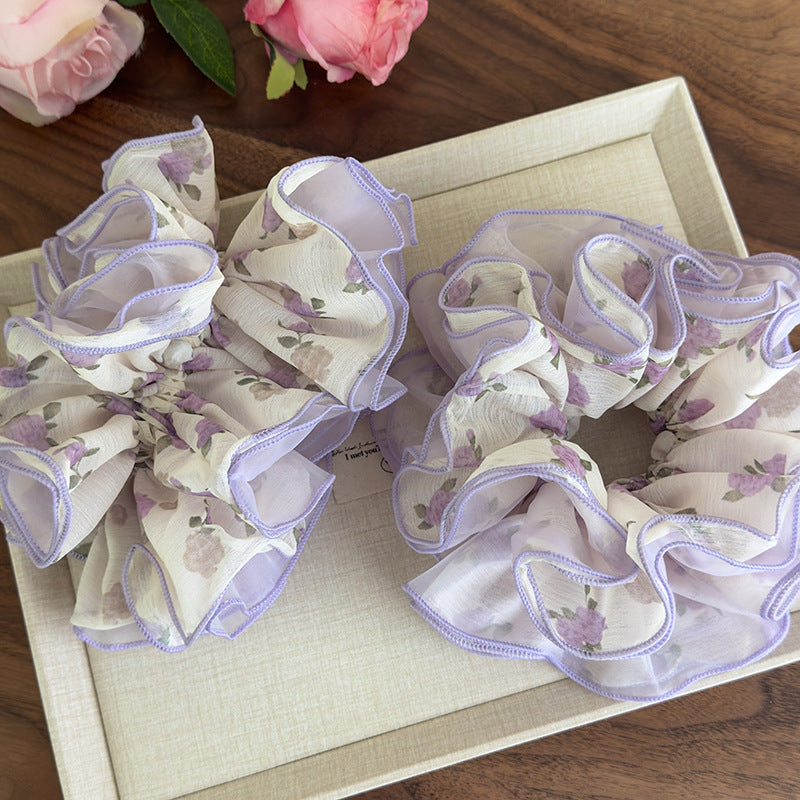 E廠-紫色碎花甜美網紗髮圈輕薄仙氣俏皮碎花大腸圈馬尾髮繩頭花髮飾「27103」25.06-3