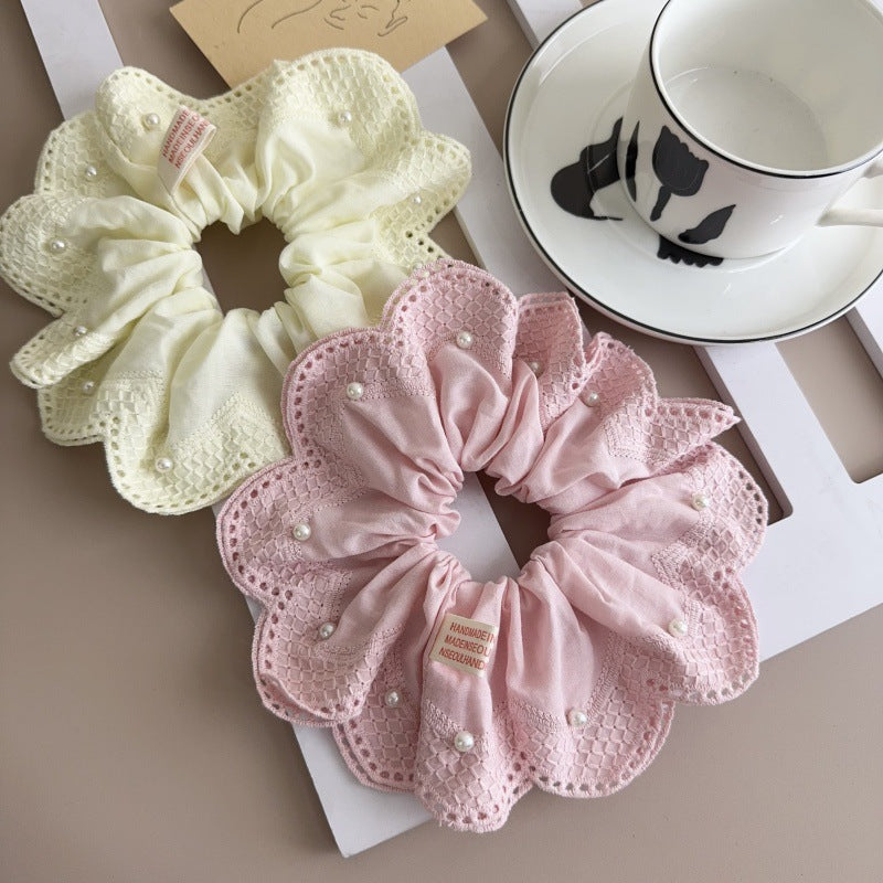 E廠-韓國小清新珍珠刺繡蕾絲大腸髮圈2025新款扎馬尾氣質髮飾丸子頭繩「27076」25.06-3