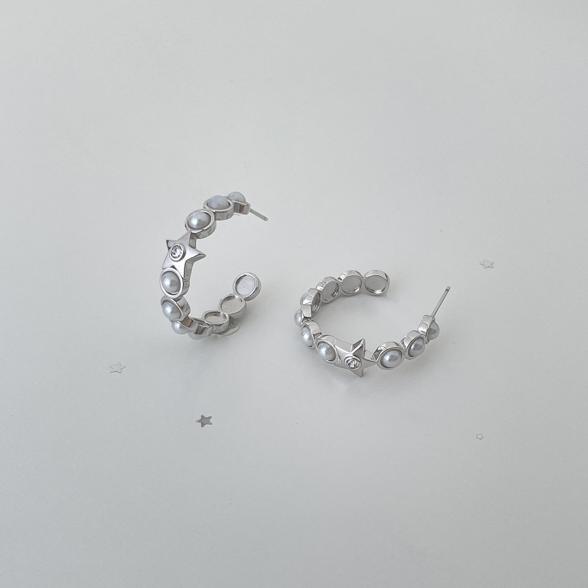 C廠-小香風珍珠耳圈女輕奢ins甜美百搭星星鋯石銀針耳環高級感新耳飾「EH-4113」25.10-5