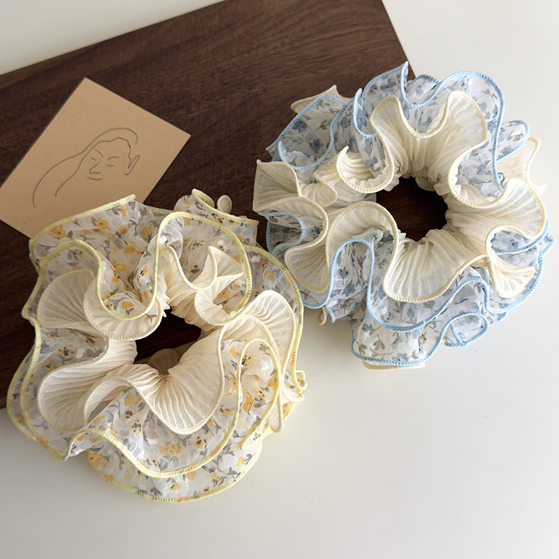 E廠-泡泡紗碎花雙層褶皺花邊大腸髮圈女扎頭髮低馬尾皮筋丸子頭繩髮飾「27063」25.06-2