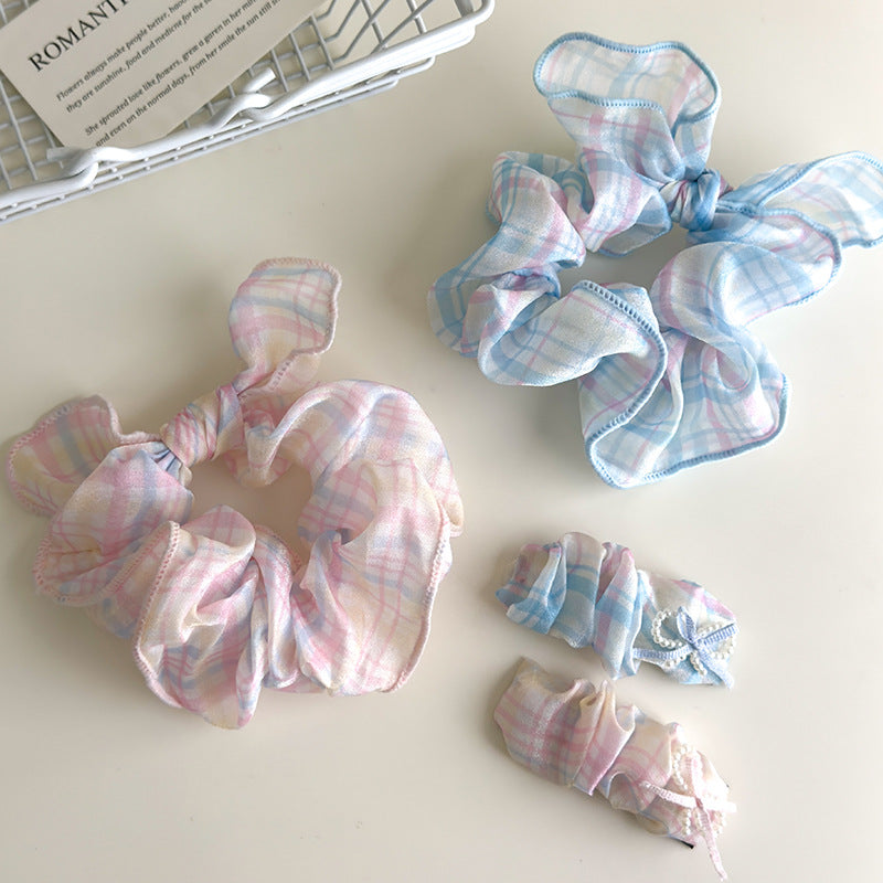 E廠-可愛奶油系淺色格子蝴蝶結大腸髮圈甜美珍珠蝴蝶結髮夾髮飾髮繩女「27114」25.06-4