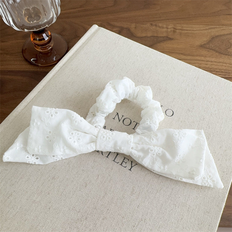 E廠-白色刺繡蕾絲花紋大腸髮圈髮箍扎頭繩蝴蝶結丸子頭氛圍感髮繩頭飾「27075」25.06-2