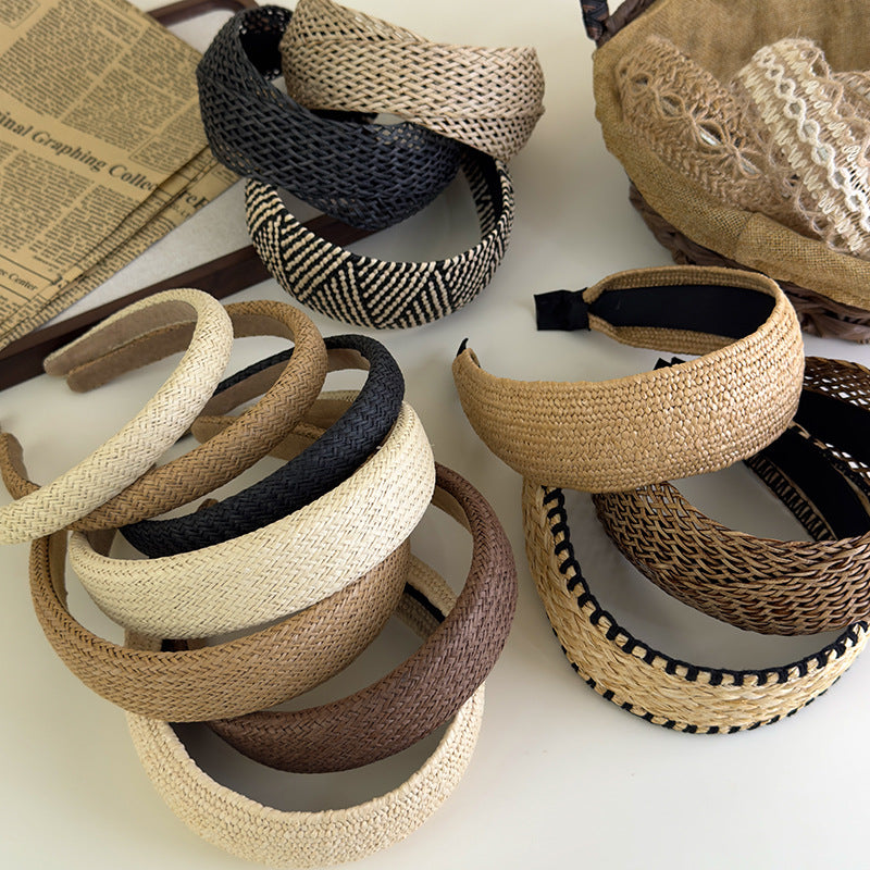 E廠-度假風草編寬邊髮箍女款波西米壓頭箍日常外戴髮捆高顱頂洗臉髮卡「25684」25.06-4