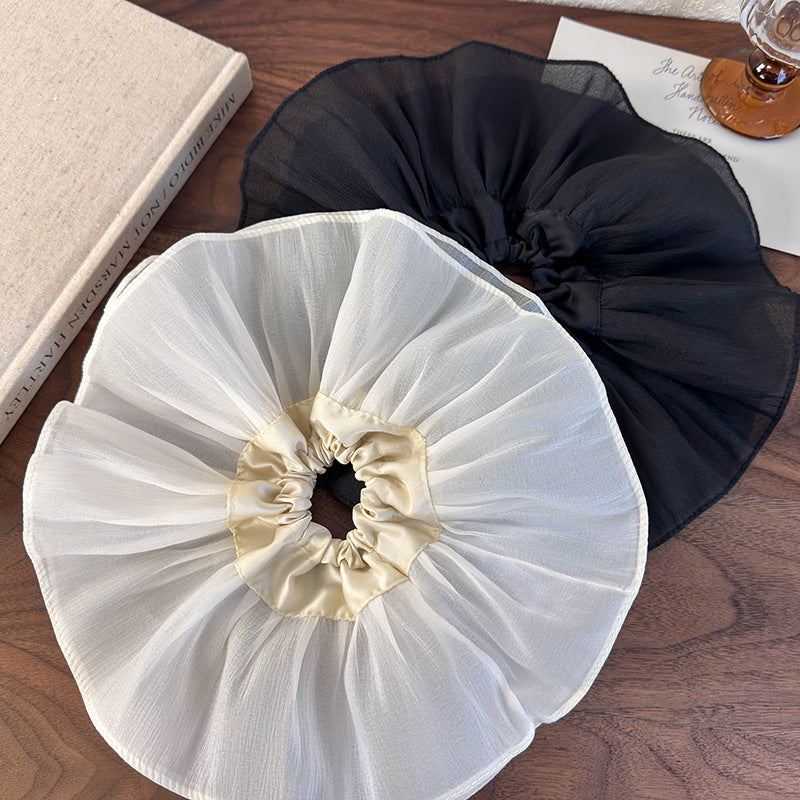 E廠-韓版超大褶皺雙層髮圈大腸圈高級感黑白頭繩頭花百搭髮飾簡約髮圈「26188」25.06-3