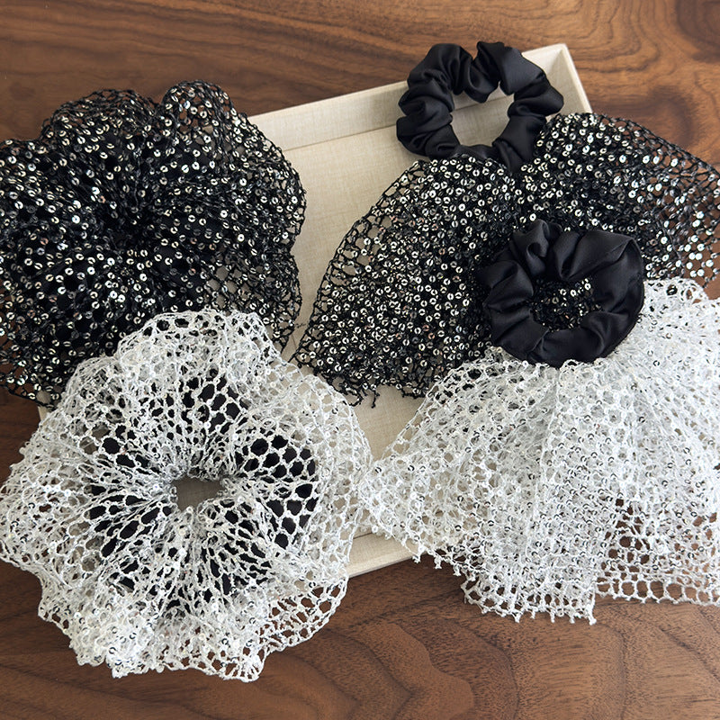 E廠-韓版森系亮片超仙大腸髮圈2025新款法式鏤空裙擺芭蕾風甜美髮飾女「27056」25.06-2