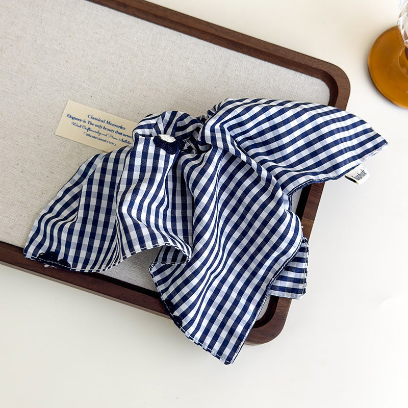 E廠-藏青色格紋刺繡花朵方巾大腸髮圈韓系方形扎頭髮側低馬尾髮繩頭繩「27122」25.06-4