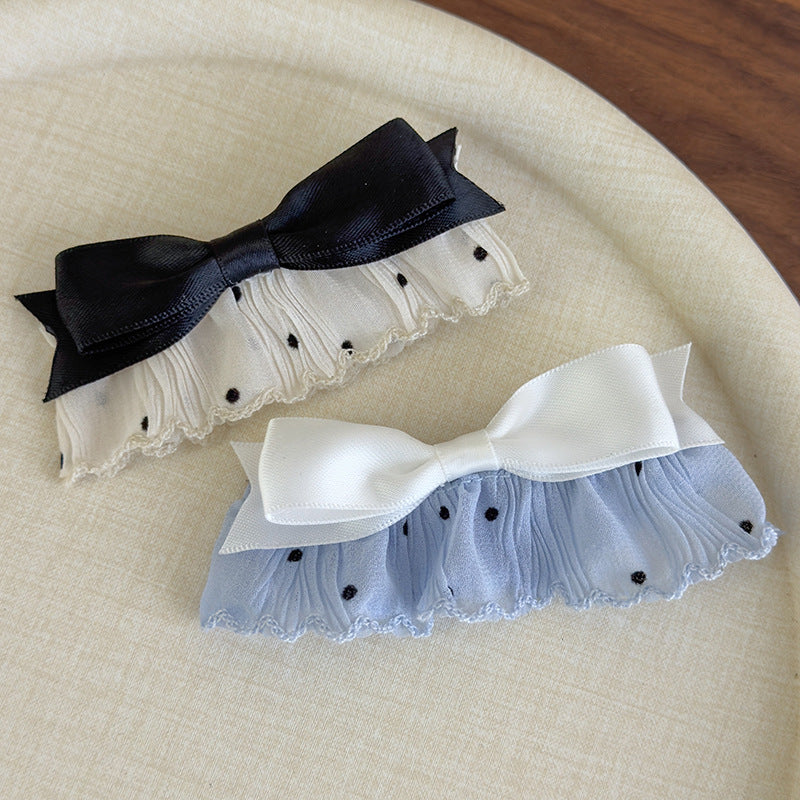 E廠-韓系溫柔布藝點點蕾絲花邊蝴蝶結髮夾側邊夾瀏海夾子甜美ins頭飾「27014」25.05-5