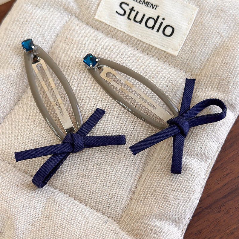 E廠-復古簡約牛仔布藝蝴蝶結水鑽BB夾甜美側邊夾前額碎髮瀏海夾掰掰夾「27371」25.08-4