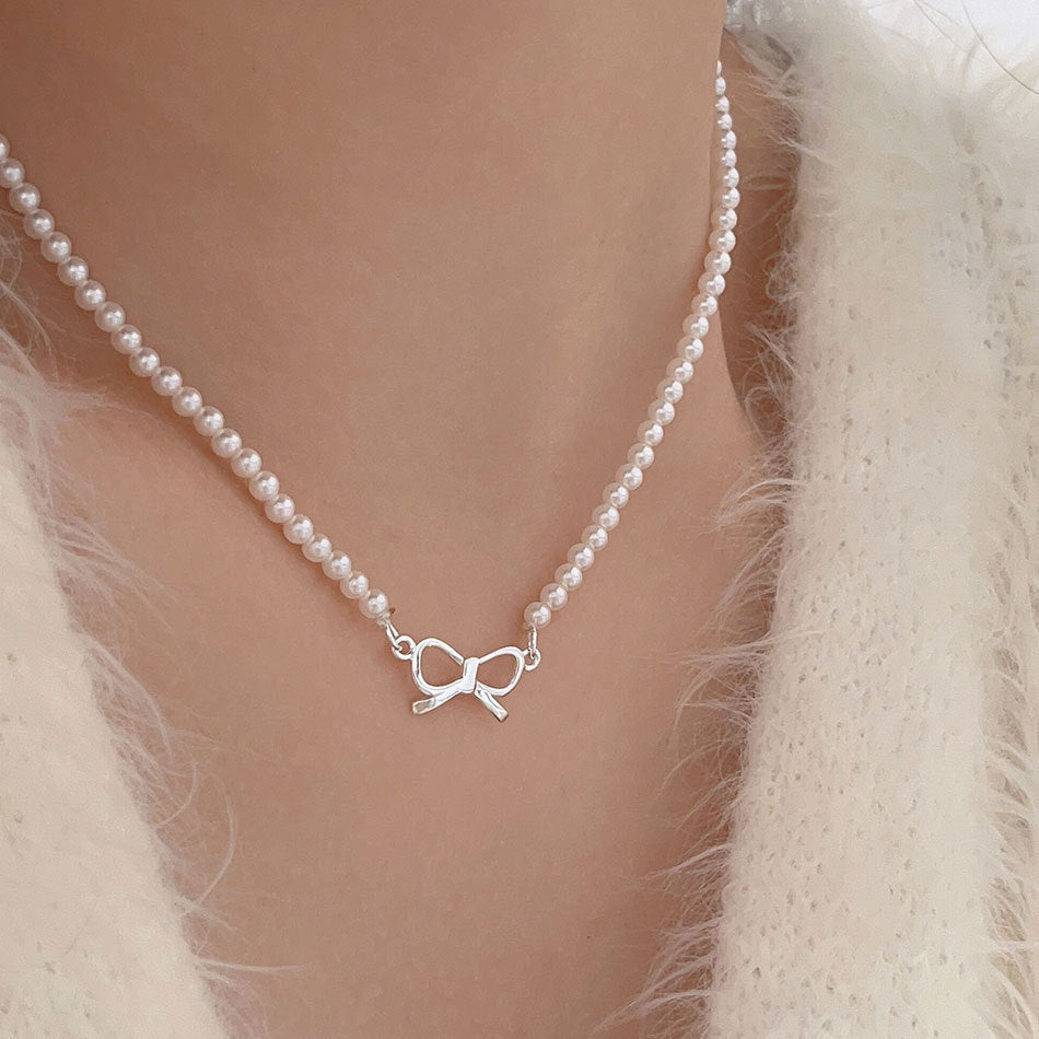 F廠-韓國韓版925純銀蝴蝶結人造水晶珍珠項鍊簡約ins小紅書項鍊「B1219」25.08-4