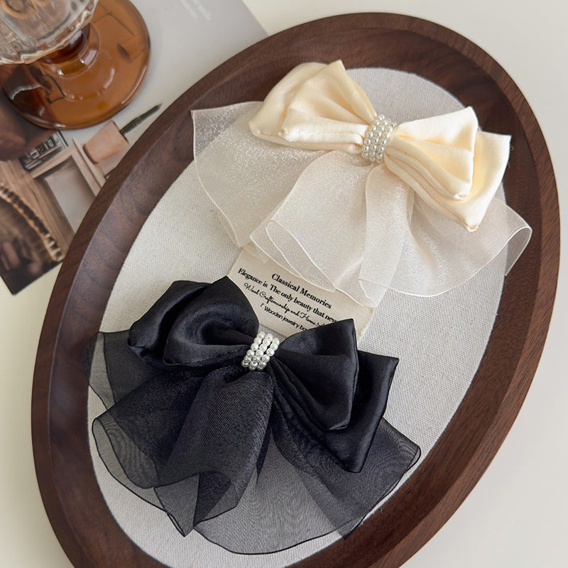 E廠-緞面歐根紗蝴蝶結頂夾後腦勺彈簧夾仙氣飄飄氣質髮夾珍珠夾子頭飾「27155」25.07-1