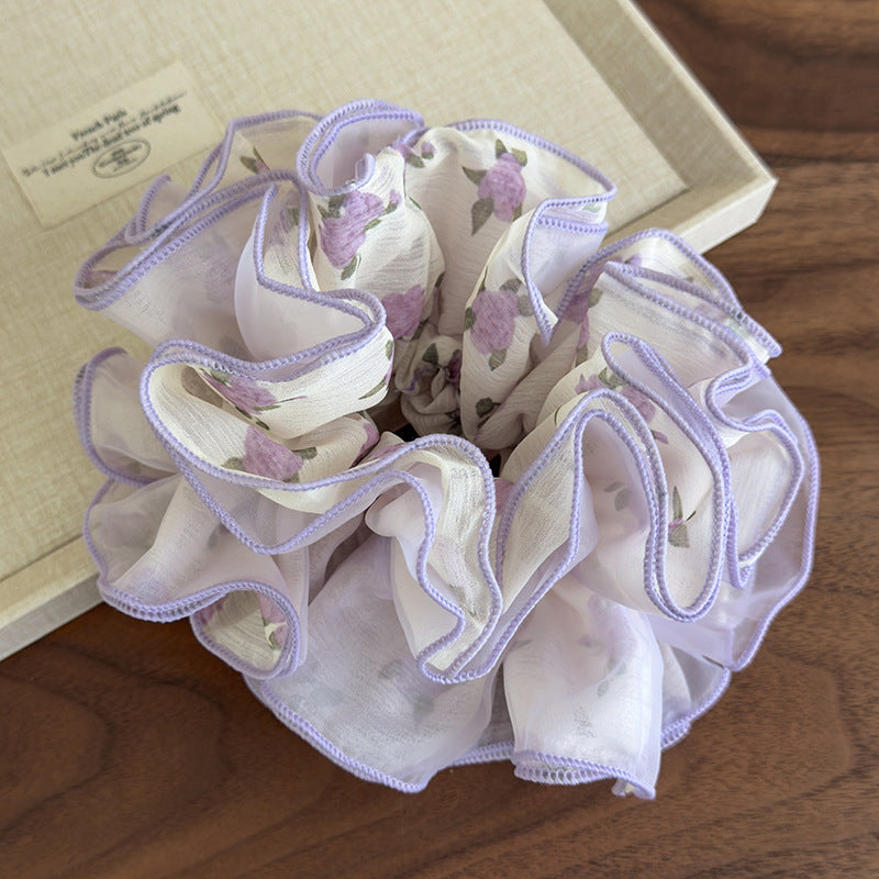 E廠-紫色碎花甜美網紗髮圈輕薄仙氣俏皮碎花大腸圈馬尾髮繩頭花髮飾「27103」25.06-3