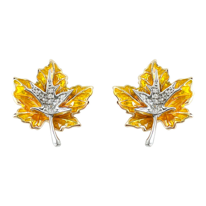 A廠-爆款!楓葉雙拼色微鑲鋯石琺瑯滴釉彩繪s925銀針新款樹葉耳飾耳釘「6996」25.10-5