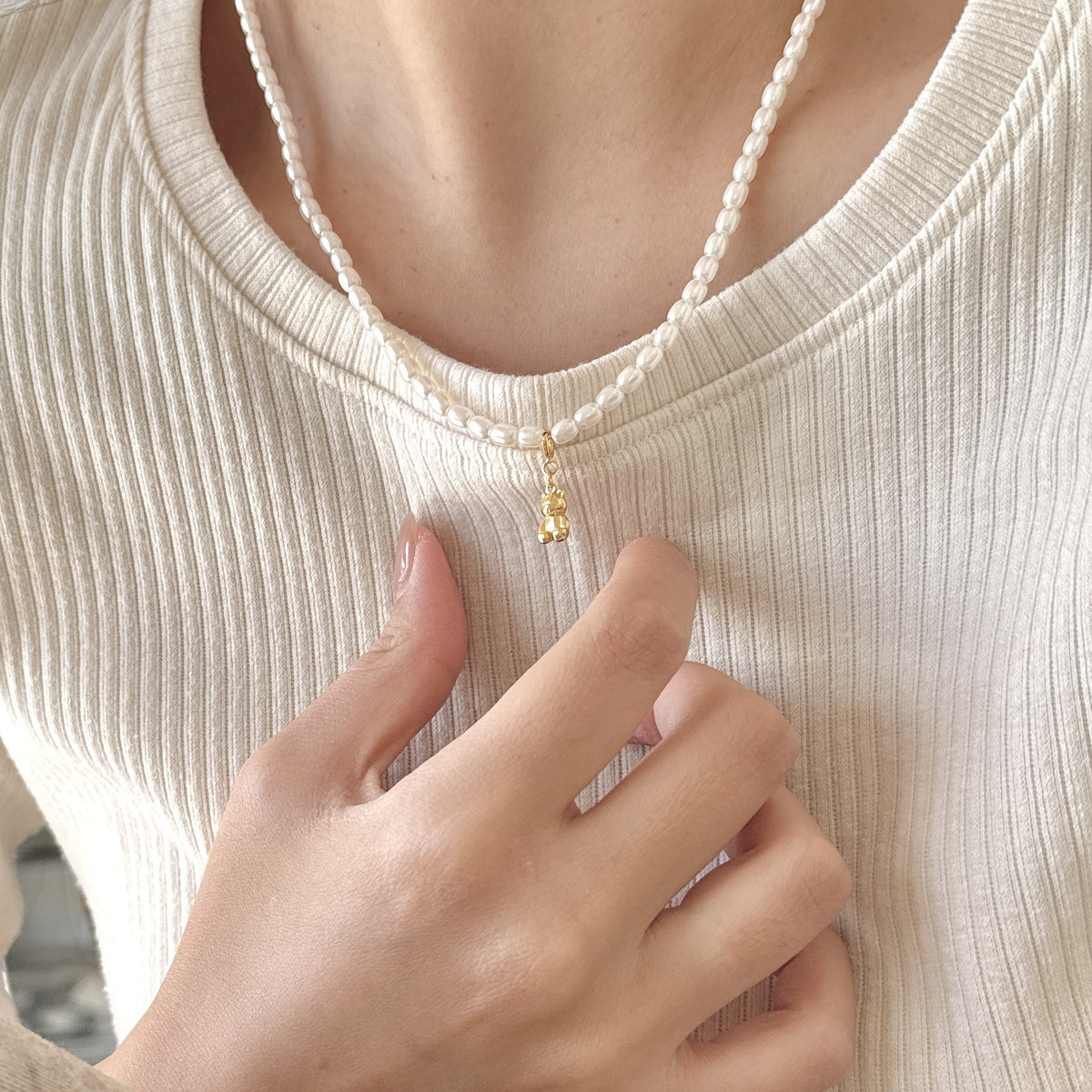 F廠-韓國韓版925純銀小熊珍珠項鍊項鍊簡約氣質ins網紅小紅書「B896」25.08-4