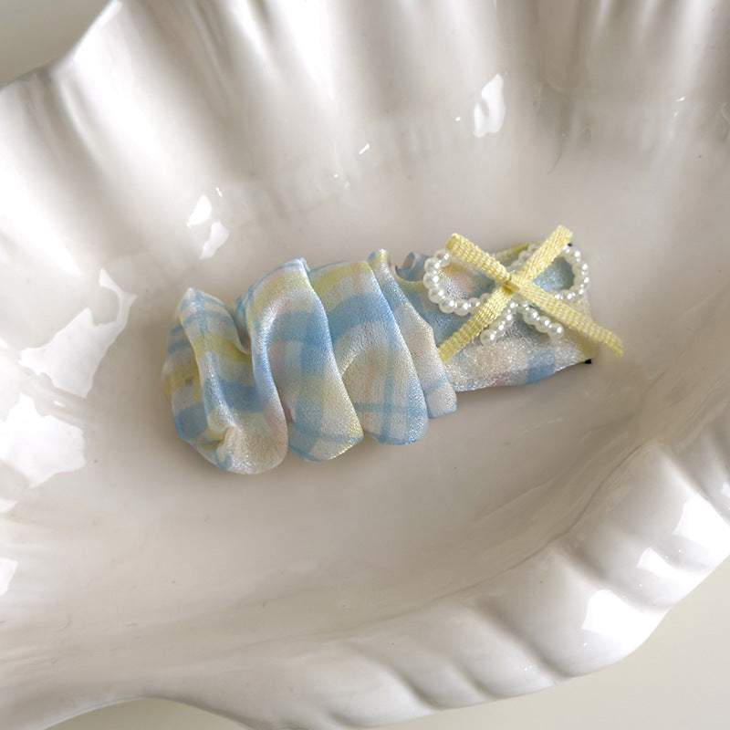 E廠-可愛奶油系淺色格子蝴蝶結大腸髮圈甜美珍珠蝴蝶結髮夾髮飾髮繩女「27114」25.06-4